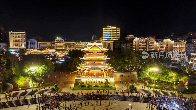 四川宜宾合江楼长江之珠夜景灯光航拍图