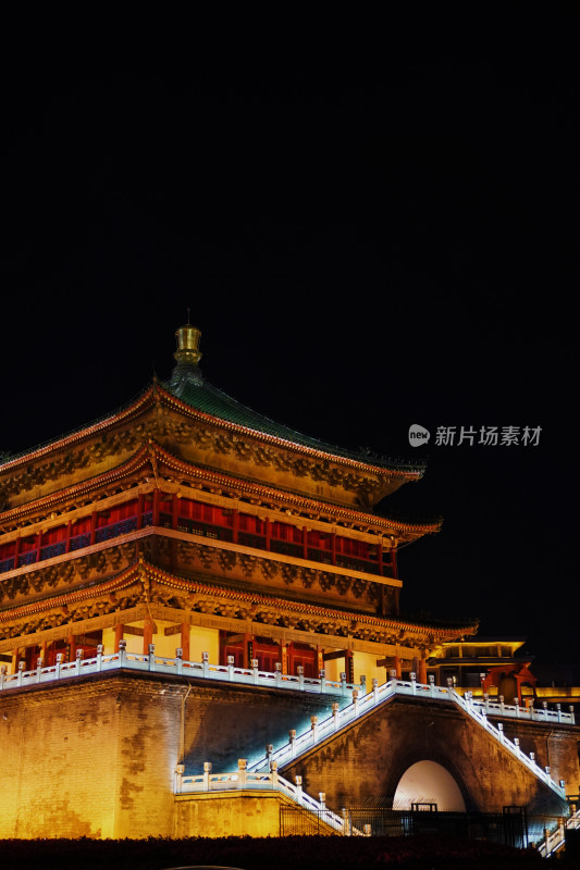 西安古建筑钟楼鼓楼夜景