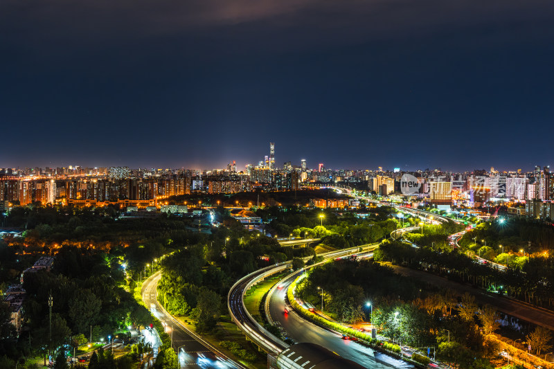 北京城市夜景 立交枢纽与周边建筑