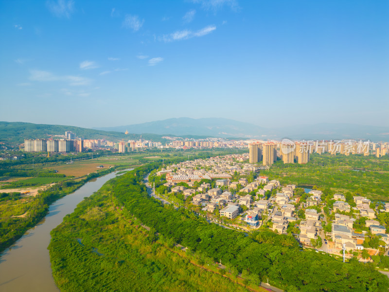 航拍景洪市城市风光与城市天际线