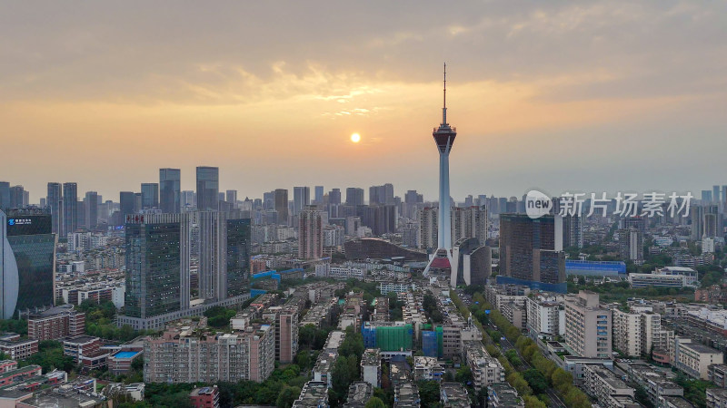 航拍成都夕阳天府熊猫塔摄影图