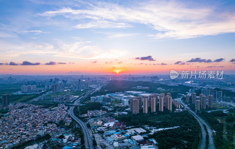 广州番禺城市建筑群与火烧云夕阳晚霞航拍