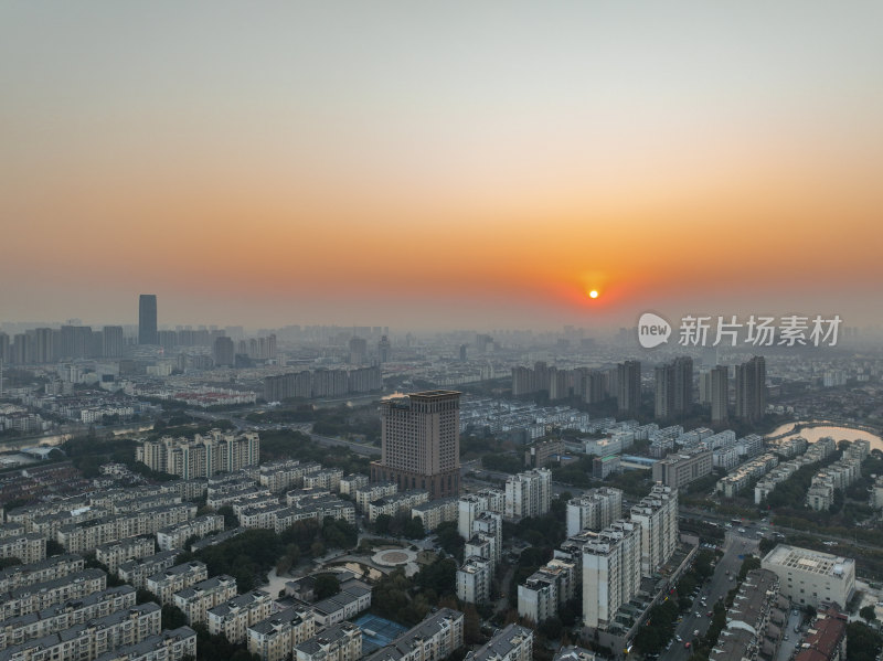 航拍昆山中心城区日落风光大景