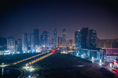 航拍大连市星海广场夜景