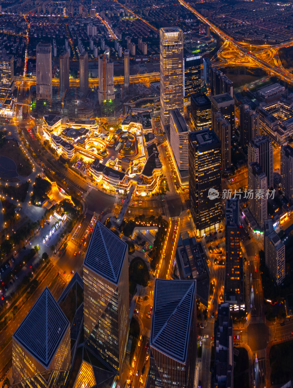 航拍上海前滩金融区夜景