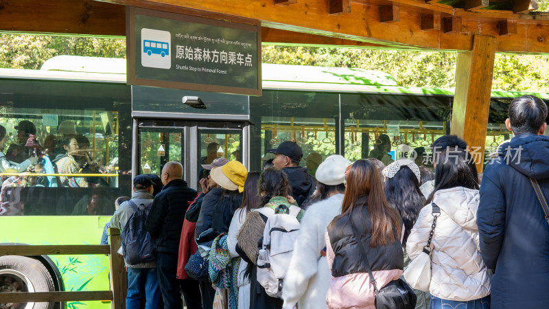 四川九寨沟景区的门口及游客排队上车乘车