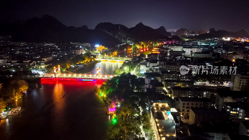 桂林两江四湖夜景日月双塔航拍图