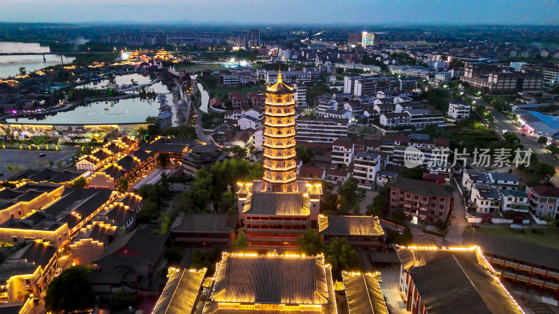 江西抚州文昌里夜幕降临夜景灯光航拍图