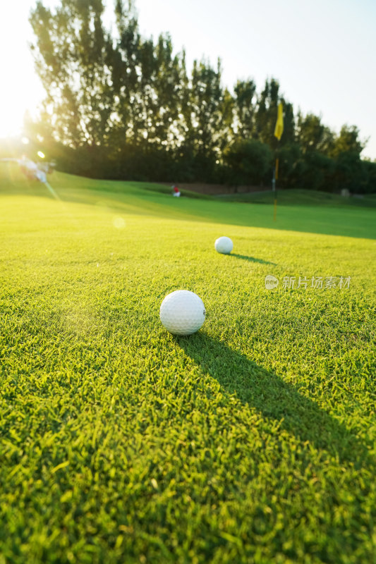 阳光下的高尔夫球场与球