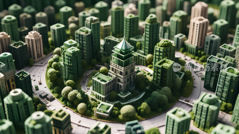 剪纸风格的绿色城市建筑