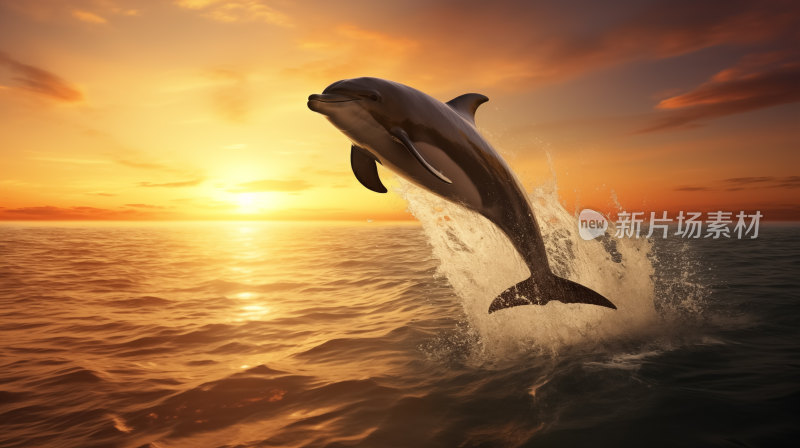 一只海豚在夕阳的映衬下欢快跳跃的瞬间