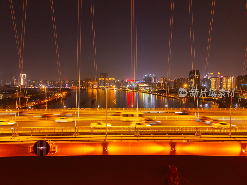 航拍上海卢浦大桥和黄浦江夜景