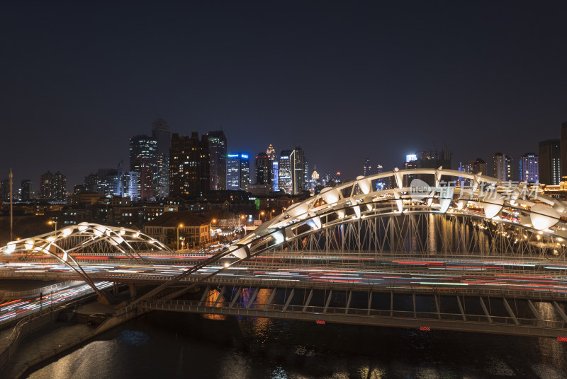 天津海河刘庄桥直沽桥日落城市建筑夜景航拍