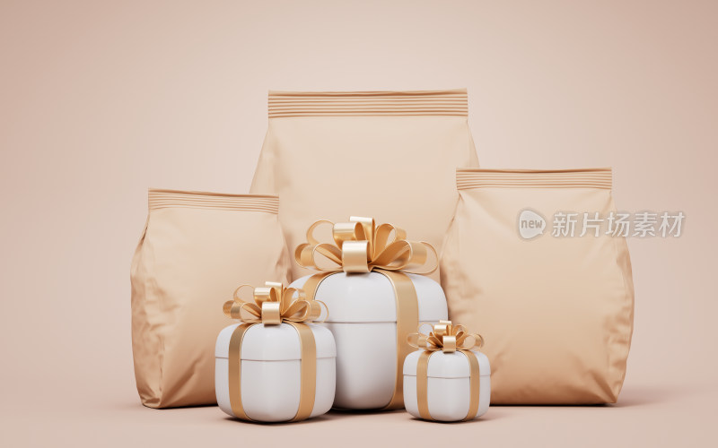 棕色纸袋袋子与礼物盒3D渲染