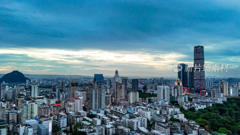 广西柳州城市晚霞夜幕降临航拍图