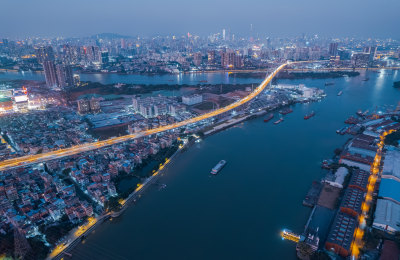 广州珠江岸城市高楼建筑夜景灯光航拍全景