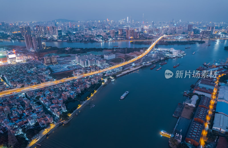 广州珠江岸城市高楼建筑夜景灯光航拍全景