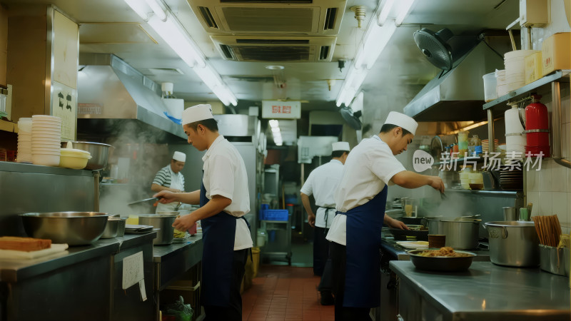 餐饮后厨厨师团队忙碌烹饪工作场景背景