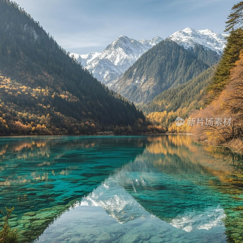 九寨沟山间湖泊秋景与雪山倒影