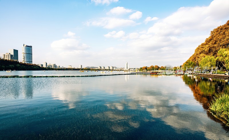 城市湖边游船与高楼景观