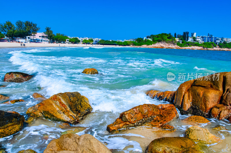 香港石澳旅游区滨海海景沙滩礁石海浪风景