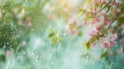 春天梦幻唯美雨水下的花朵背景