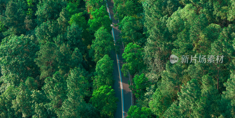 航拍在翠绿的山林中的跑道