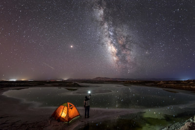 户外露营者仰望星空场景