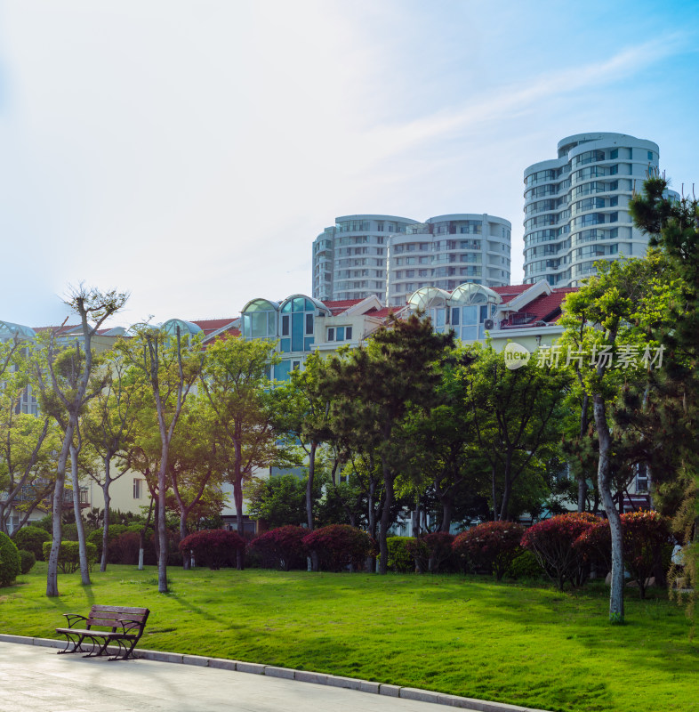 青岛绿树环绕的草坪旁有现代风格建筑