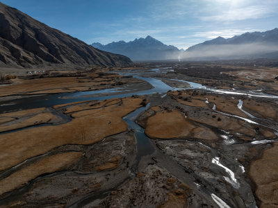 新疆喀什塔县帕米尔高原塔合曼湿地河道航拍