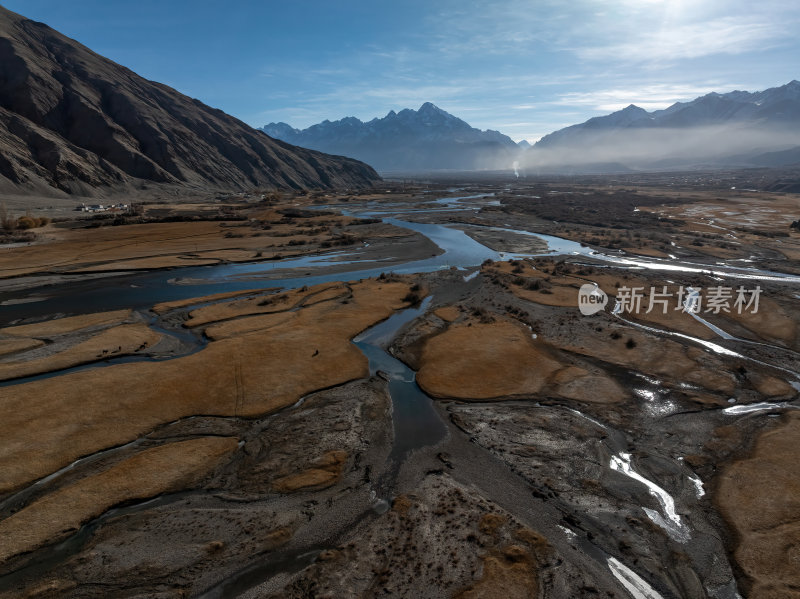 新疆喀什塔县帕米尔高原塔合曼湿地河道航拍