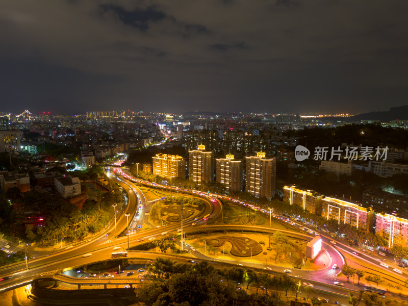 航拍福州城市夜景下与繁华立交桥及周边建筑