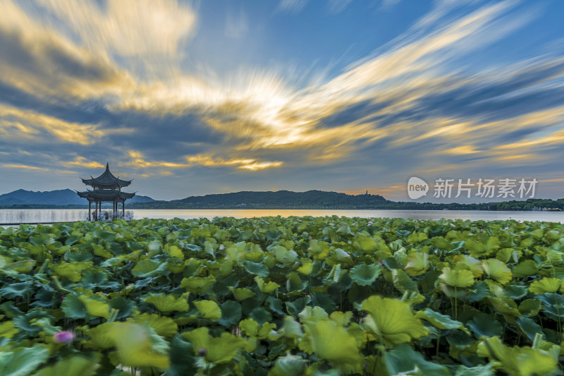 晴朗多云的杭州西湖日落美丽风景