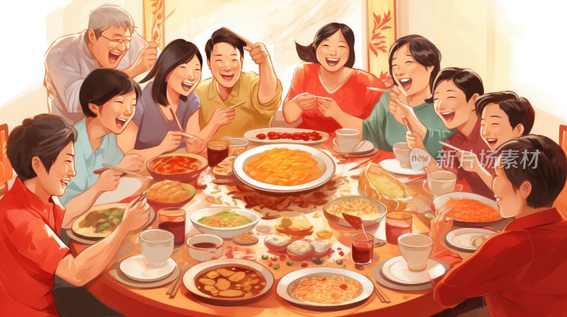 中国传统习俗大家庭节日聚餐团圆饭插画