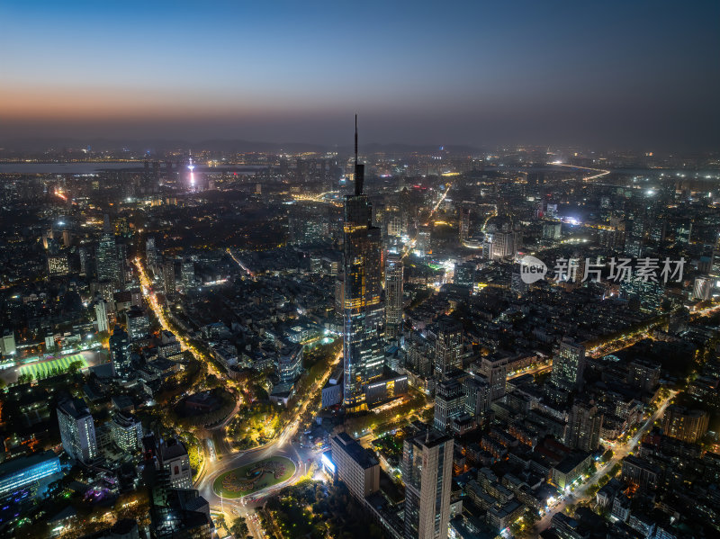 江苏南京CBD紫峰大厦建筑群日落夜景航拍