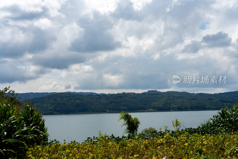 湖畔青山绿植与多云天空