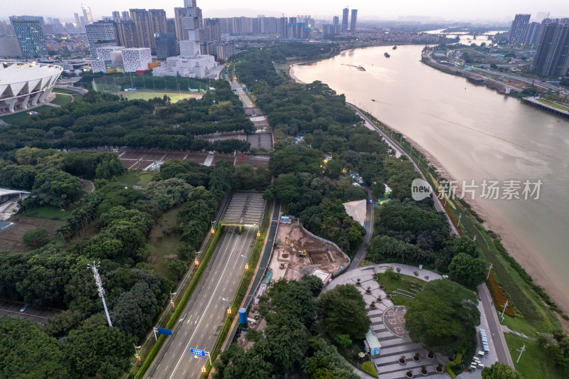 广东佛山城市晚霞东平大桥航拍摄影图