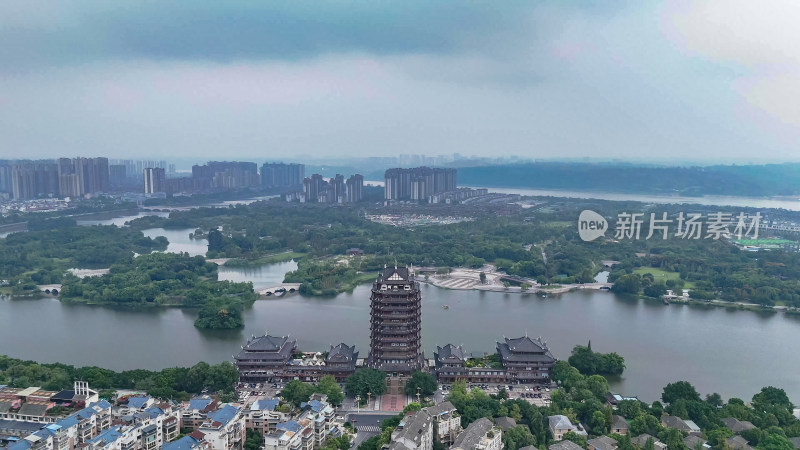 四川眉山东坡湿地公园远景楼航拍图