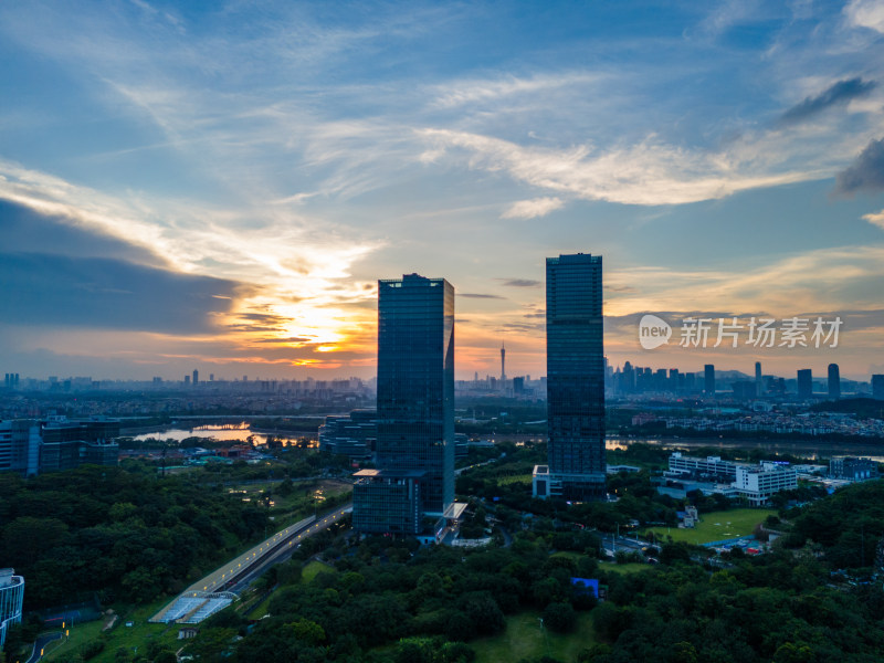 广州大学城生物岛日落夜景航拍