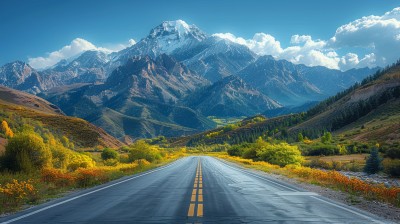 公路雪山天空自然风光