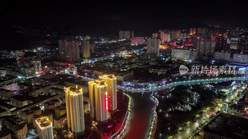 甘肃定西城市夜景灯光航拍图