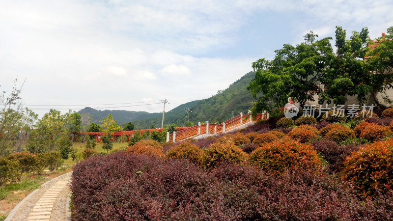 山间绿植与红栏杆景观