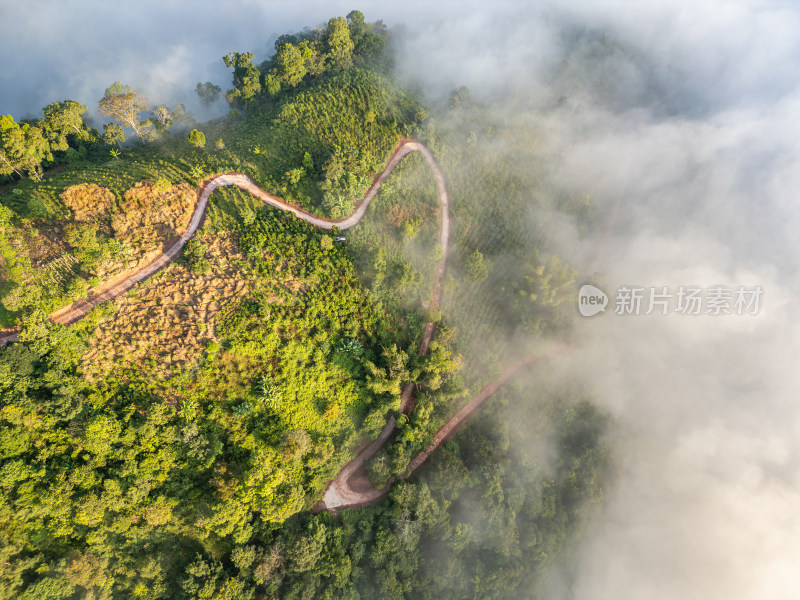 航拍云雾缭绕的山间公路