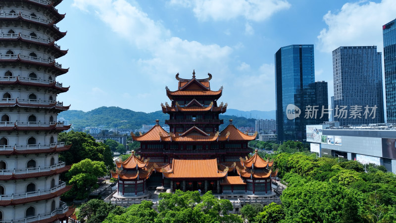 福州西禅古寺照片航拍城市寺庙古建筑风景