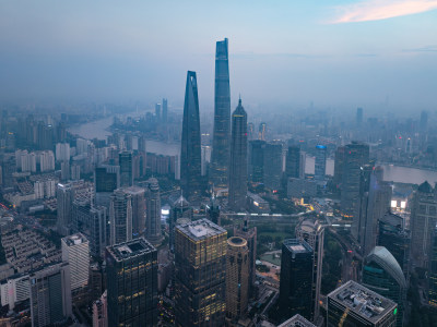 航拍上海陆家嘴高金融中心密集高楼群夜景