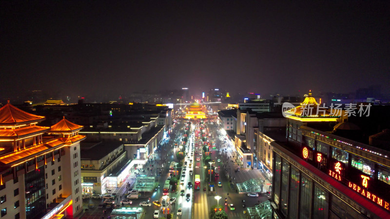 西安钟楼地标夜景航拍图