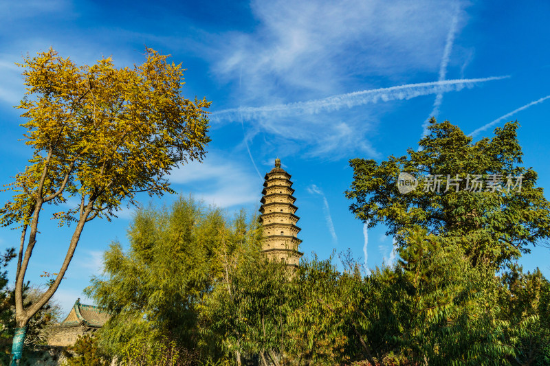 山西太原市地标永祚寺秋天古塔景观