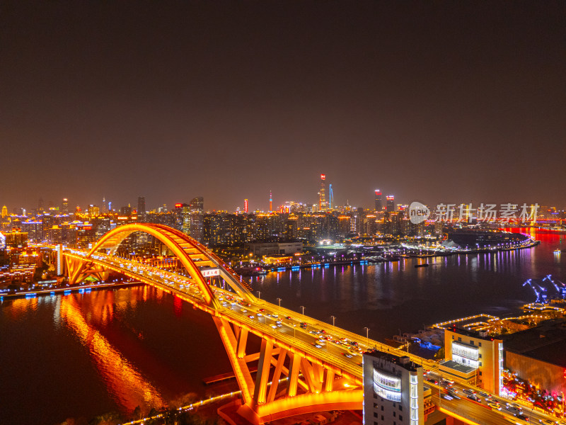 航拍上海卢浦大桥和黄浦江夜景