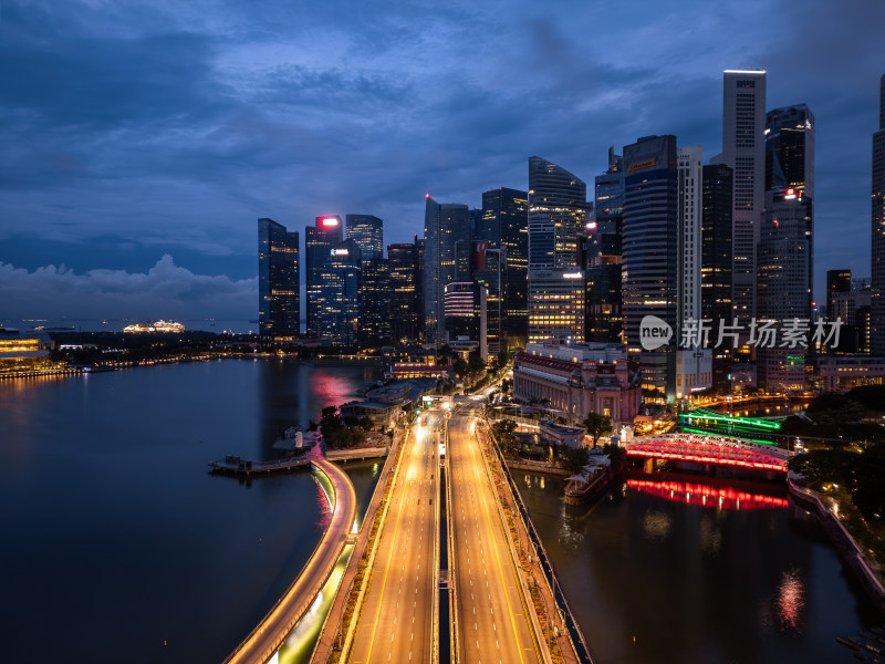 新加坡滨海湾金沙海滨奥林匹克蓝调夜景航拍