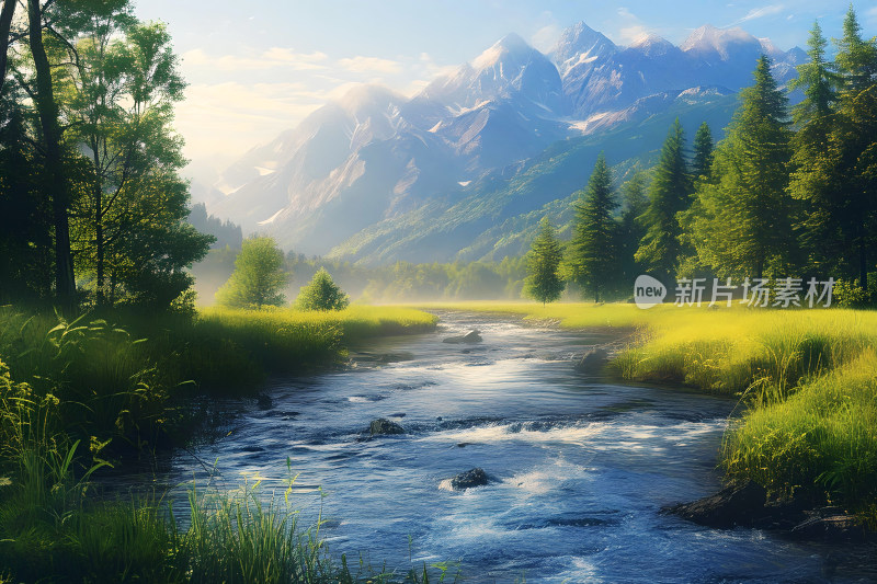 河流树木山峰天空风景